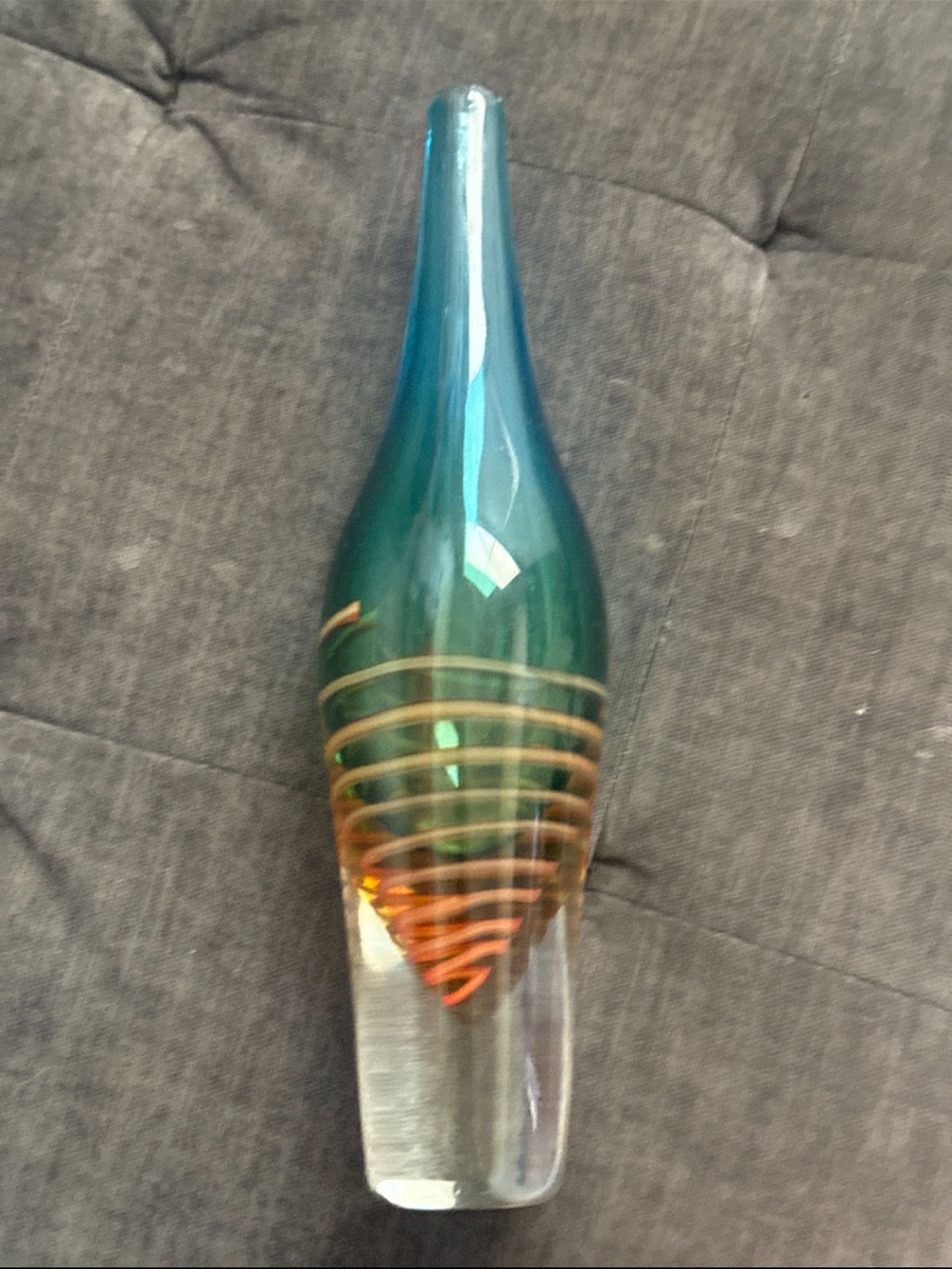 Teal and Amber Spiral-Accent Handblown Glass Sculpture